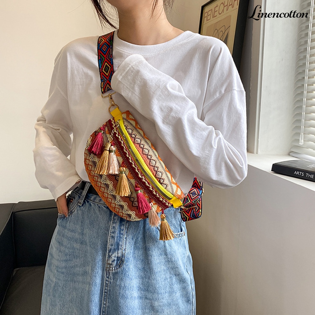Túi Đeo Chéo Ngực Khóa Kéo Phối Tua Rua Phong Cách Bohemian