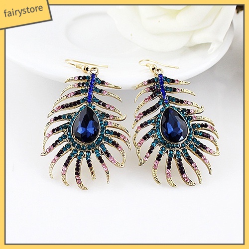 1 Cặp Bông Tai Hình Lông Công Đính Đá Phong Cách Retro Dành Cho Nữ