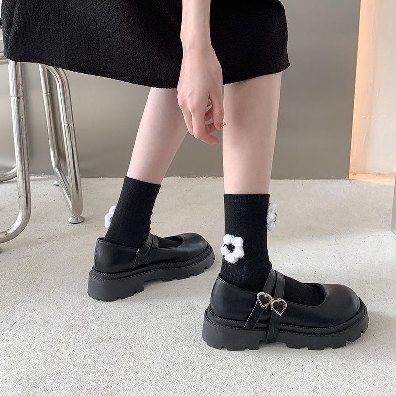 Giày Da Đế Dày Phối Khóa Hình Trái Tim Phong Cách Mary Jane Cổ Điển Thời Trang Cho Nữ