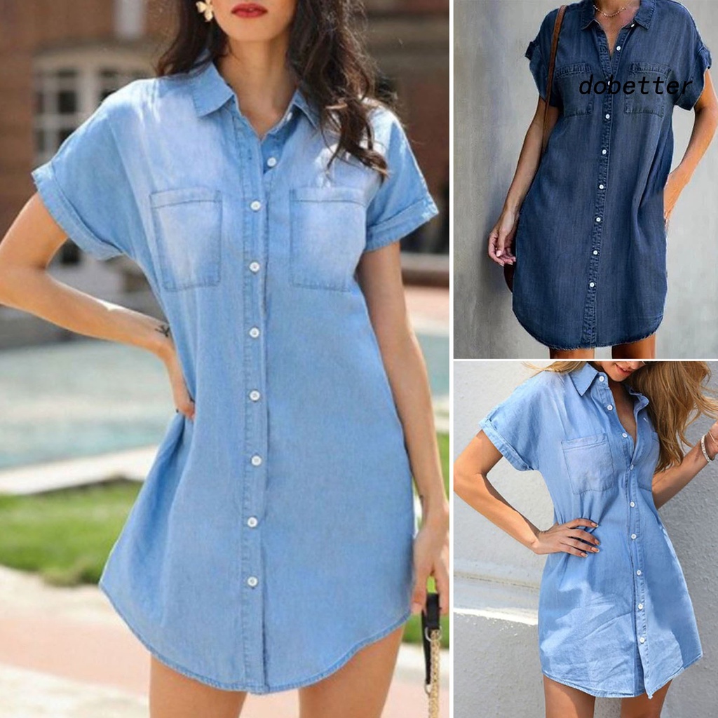 Đầm Sơ Mi Denim Tay Ngắn Màu Sắc Thời Trang Dành Cho Nữ