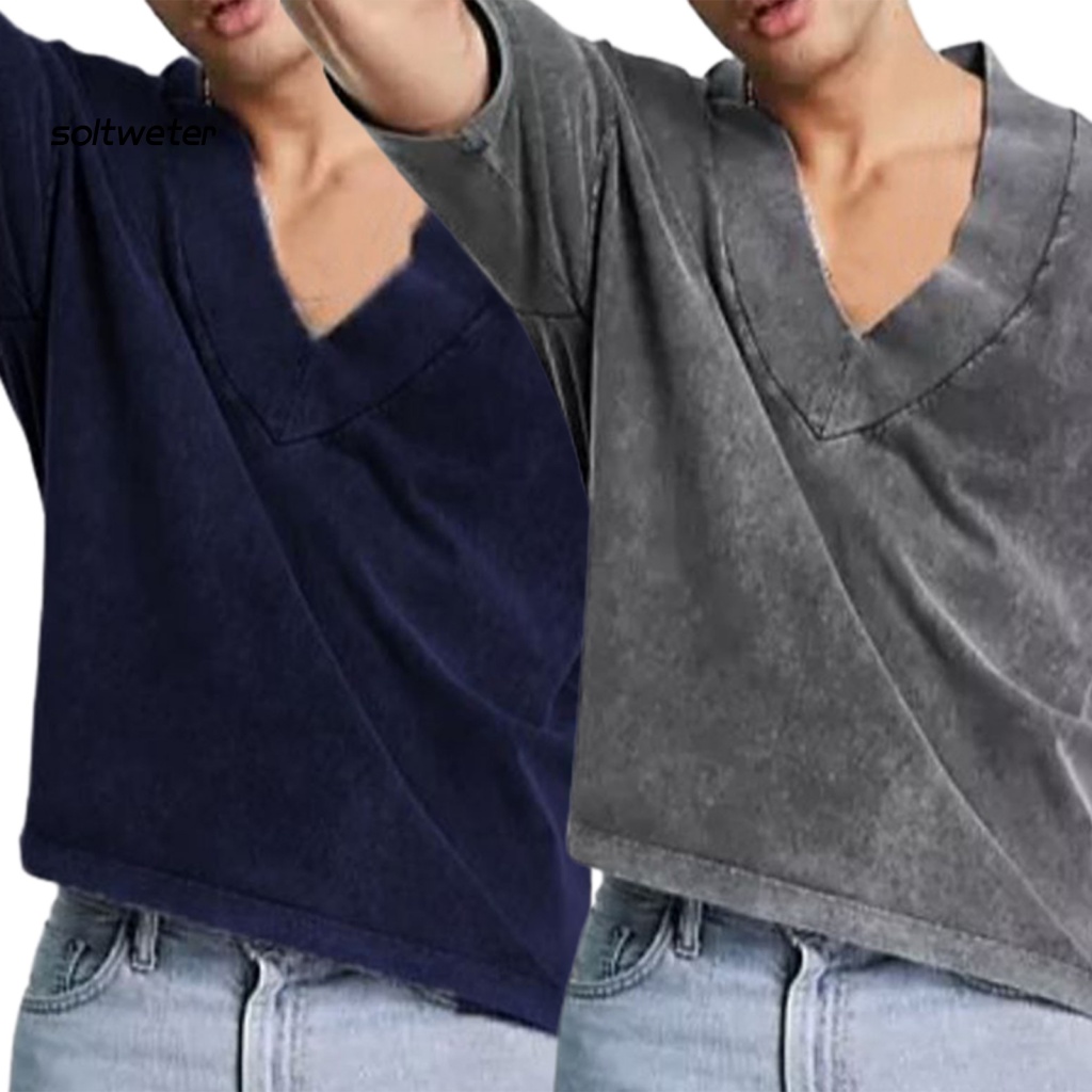 Áo Thun Cổ Chữ V Dáng Rộng Màu Sắc Tinh Khiết Phong Cách Vintage Thời Trang Mùa Hè Cho Nam