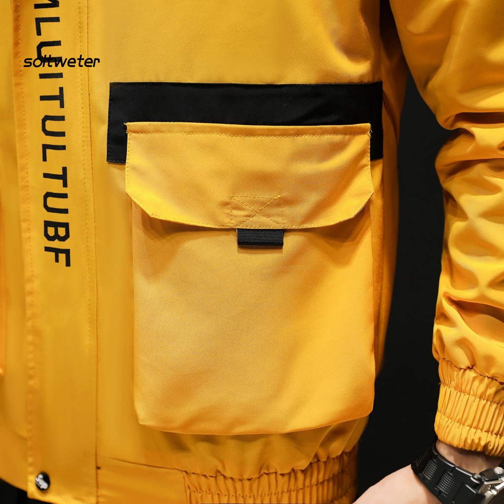 Áo Khoác Bóng Chày Có Mũ Trùm Phối Dây Rút Nhiều Túi In Chữ Màu Khối Thời Trang Mùa Thu Cho Nam