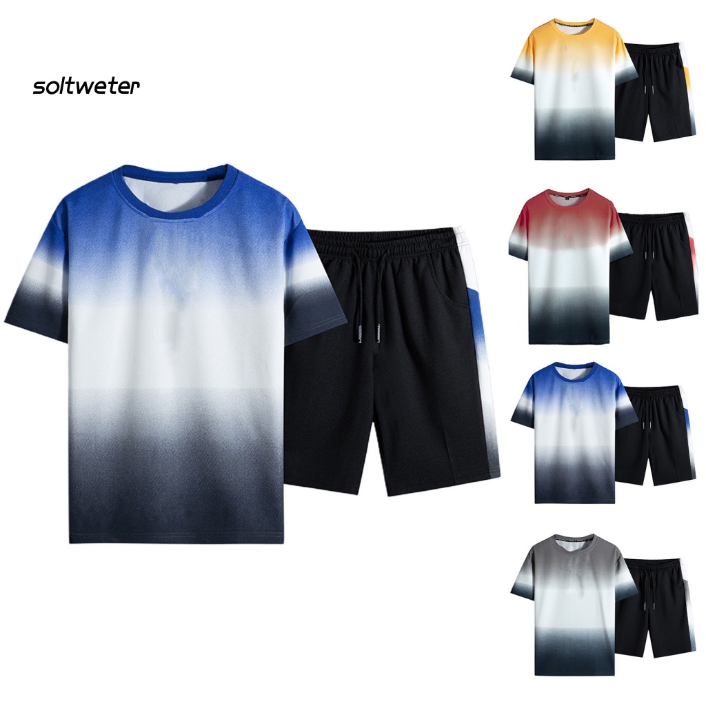 Set Đồ Mùa Hè 2 Món Gồm Áo Thun Cổ Tròn Màu Sắc Gradient + Quần Ngắn Lưng Thun Cho Nam
