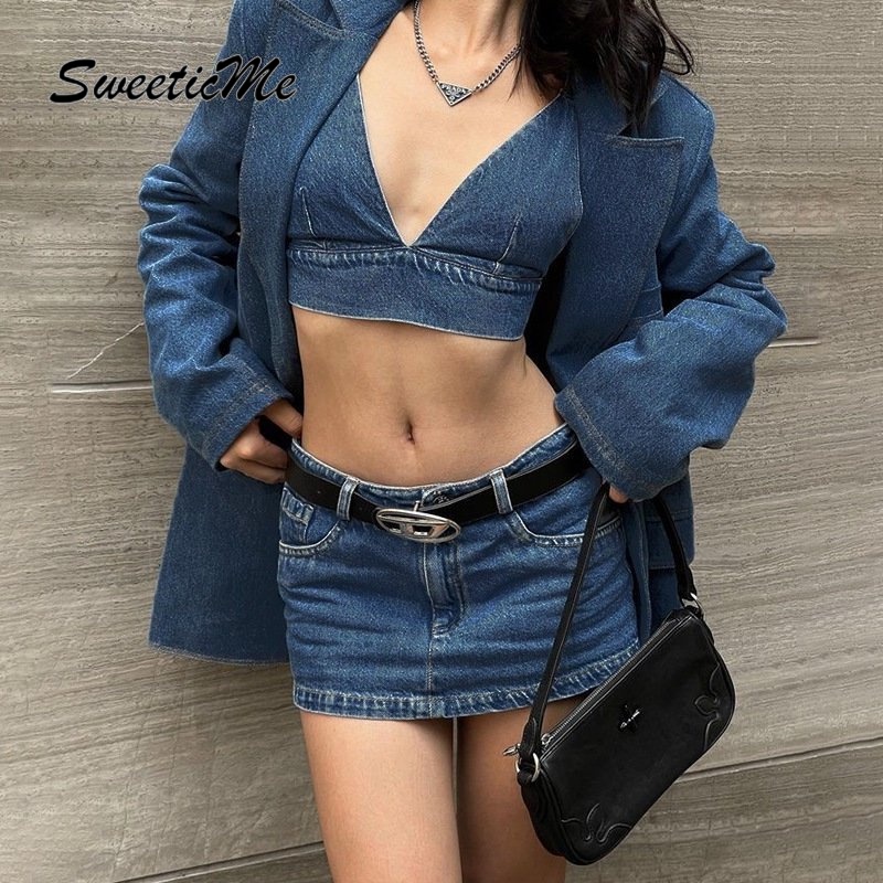 Set Áo Cổ Chữ V Không Tay + Chân váy jean Ngắn Lưng Thấp Màu Trơn Thời Trang Mới 2023 Cho Nữ