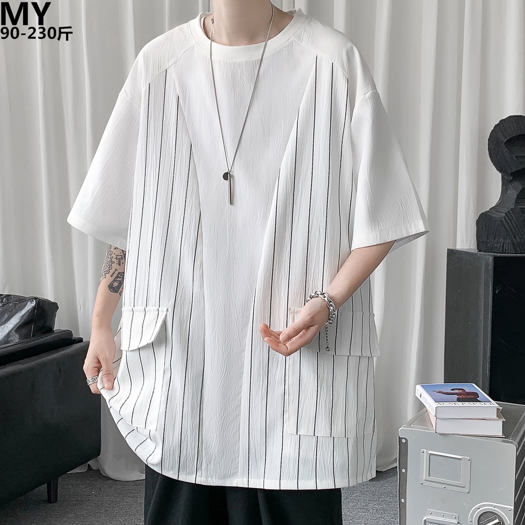 Áo Thun Tay Ngắn Dáng Rộng Plus Size Họa Tiết Kẻ Sọc Thời Trang Mùa Hè Cho Nam