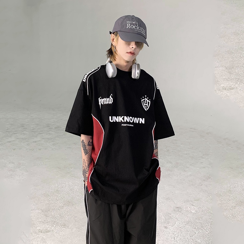 Áo Thun Thể Thao Tay Ngắn In Chữ Niche Màu Sắc Tương Phản Phong Cách Retro Mỹ Cho Cặp Đôi