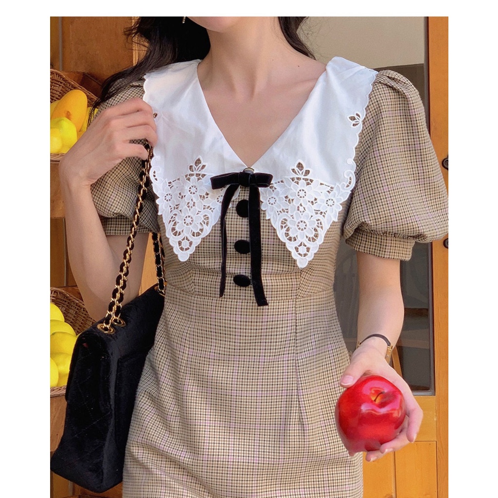 Đầm Chữ A Tay Phồng Đính Nơ Ngọt Ngào Phong Cách Hàn Quốc 2023