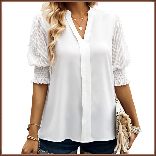 Áo Sơ Mi Tay Lửng Cổ Chữ V Xẻ Tà Màu Trơn Thời Trang Cho Nữ