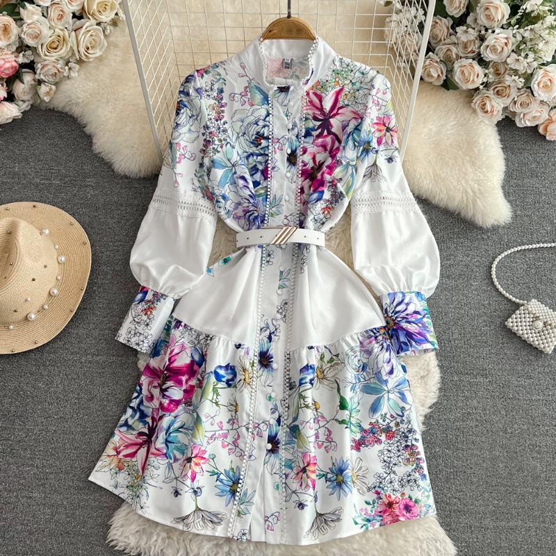 Đầm Chữ A Tay Dài Cổ Đứng Eo Cao In Họa Tiết Hoa Phong Cách Vintage Thanh Lịch Dành Cho Nữ