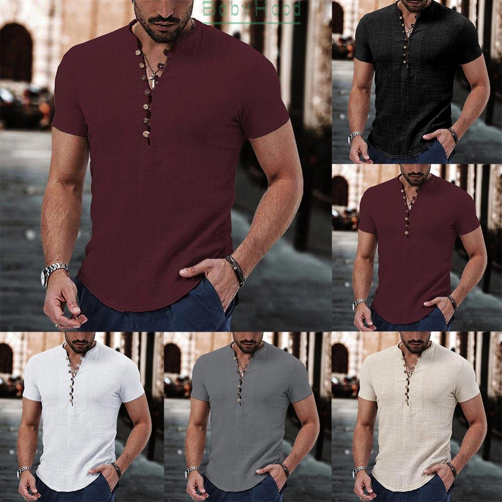 Mens Henley V Neck Casual Short Sleeve Shirt Button Down Blouse T Shirt Loose Fit Top#BBHOOD