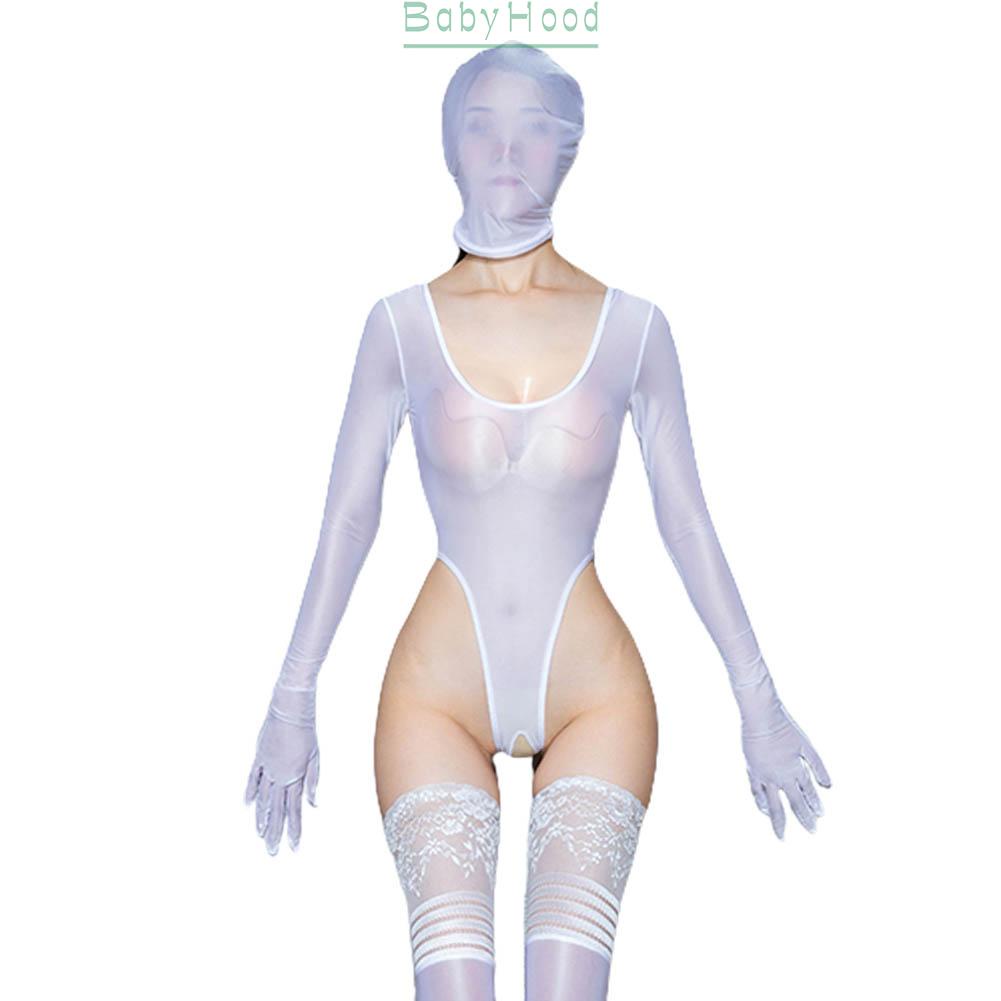 Women's Black/White Sheer Long Sleeve Bodysuit Jumpsuit Crotchless Nightwear Glossy#BBHOOD