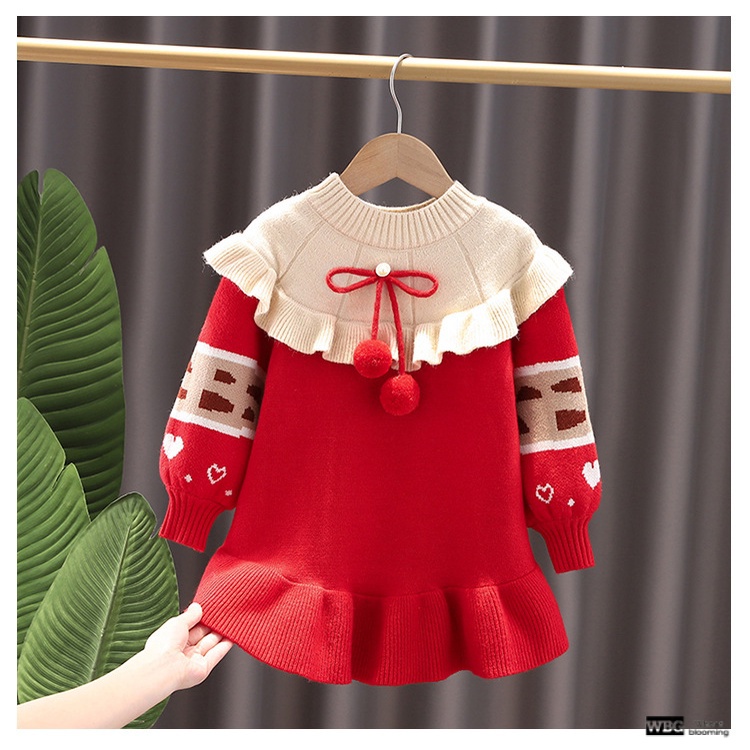 Đầm Len Màu Đỏ Dễ Thương Thời Trang Thu Đông Cho Bé Gái