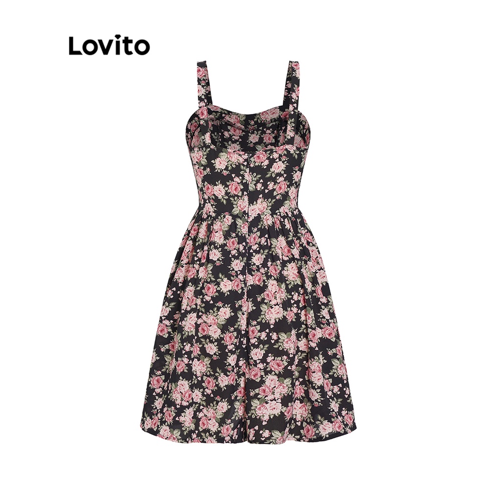 Đầm Lovito phong cách thường ngày họa tiết hoa nhí xếp nếp không tay mini dành cho nữ L53AD041 (đen)