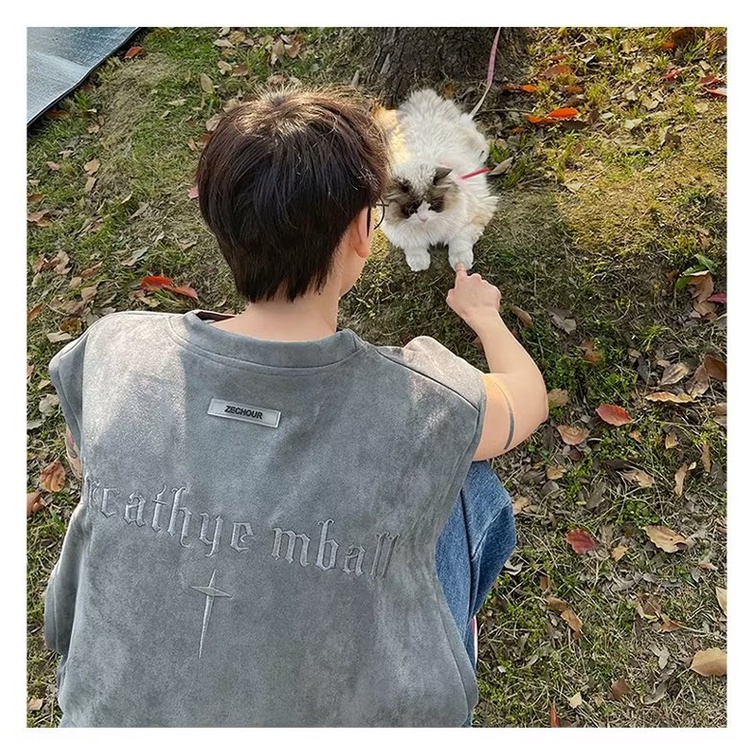 Áo Khoác Da Lộn Không Tay Dáng Rộng Họa Tiết Thêu Phong Cách Đường Phố Mùa Hè Cá Tính Cho Nam