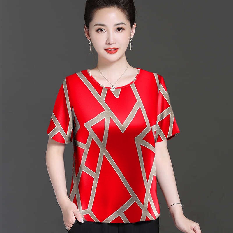 Áo Thun Lụa Lạnh Tay Ngắn In Họa Tiết Thời Trang Mùa Hè Mới Dành Cho Phụ Nữ Trung Niên