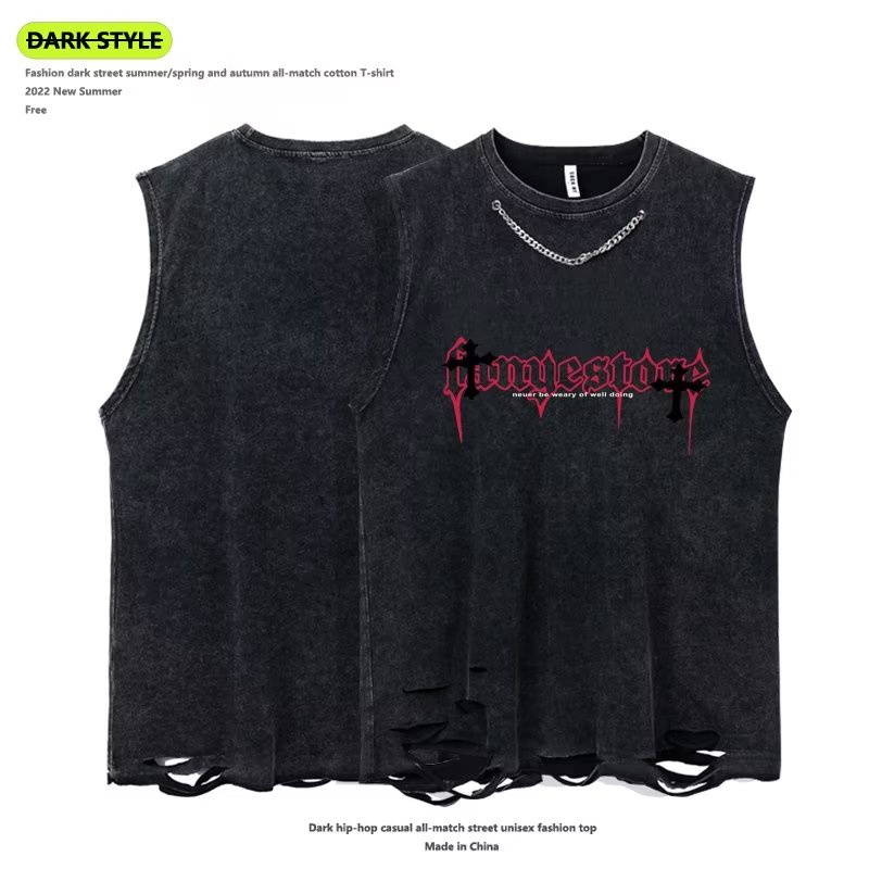 Áo Thun Cotton Không Tay Rách Gối Màu Trơn Phong Cách Hip Hop Đường Phố Âu Mỹ Cho Nam