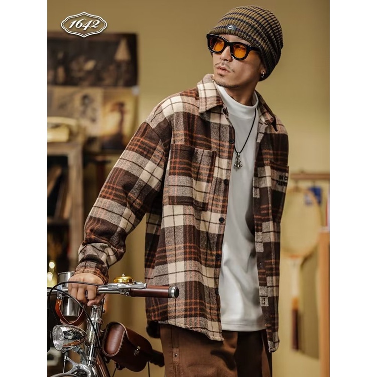 Áo Khoác Sơ Mi Vải Flannel Dày Dáng Rộng Cỡ Lớn Kiểu Retro Thời Trang Xuân Thu Cho Nam