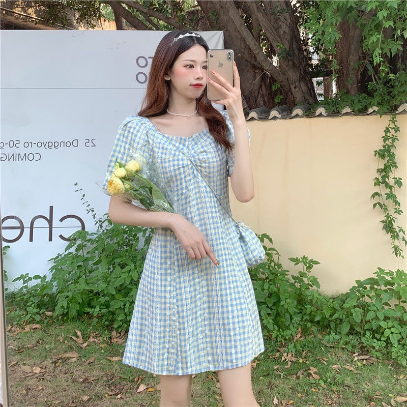 Đầm Ngắn Tay Họa Tiết Sọc Caro Phong Cách Pháp Cổ Điển Thời Trang Mùa Hè Cho Nữ