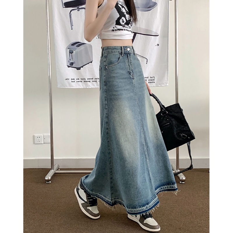 COZOK Váy denim Lưng Cao Dáng Dài Form Ôm Theo Phong Cách retro