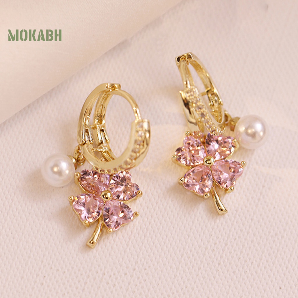 [Mokabh] 1 Đôi Bông Tai Hình Cỏ Bốn Lá Mạ Điện Bóng Cao Trang Trí Quyến Rũ Không Gây Dị Ứng