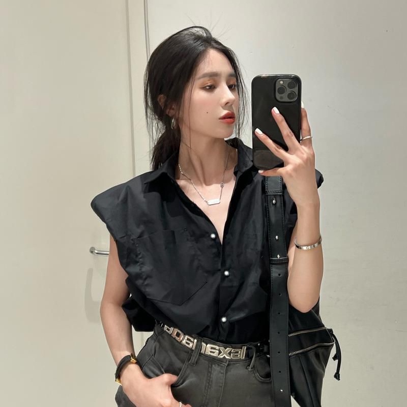 Áo sơ mi crop không tay  màu trơn áo voan cổ polo  thiết kế túi áo sơ mi quần áo nữ thời trang hàn quốc hàng quảng châu