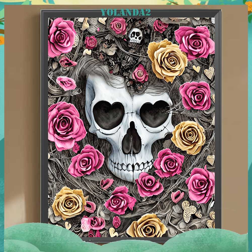 Tranh Đính Đá Kim Cương Toàn Bộ 5D DIY Hình Đầu Lâu Hoa Hồng