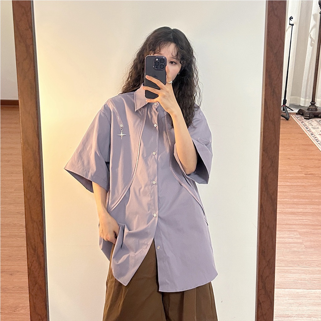 Áo Sơ Mi Ngắn Tay Dáng Rộng Có Khóa Kéo Kim Loại Phong Cách Retro Đường Phố Mỹ Mùa Hè Mới Dành Cho Nữ @ -