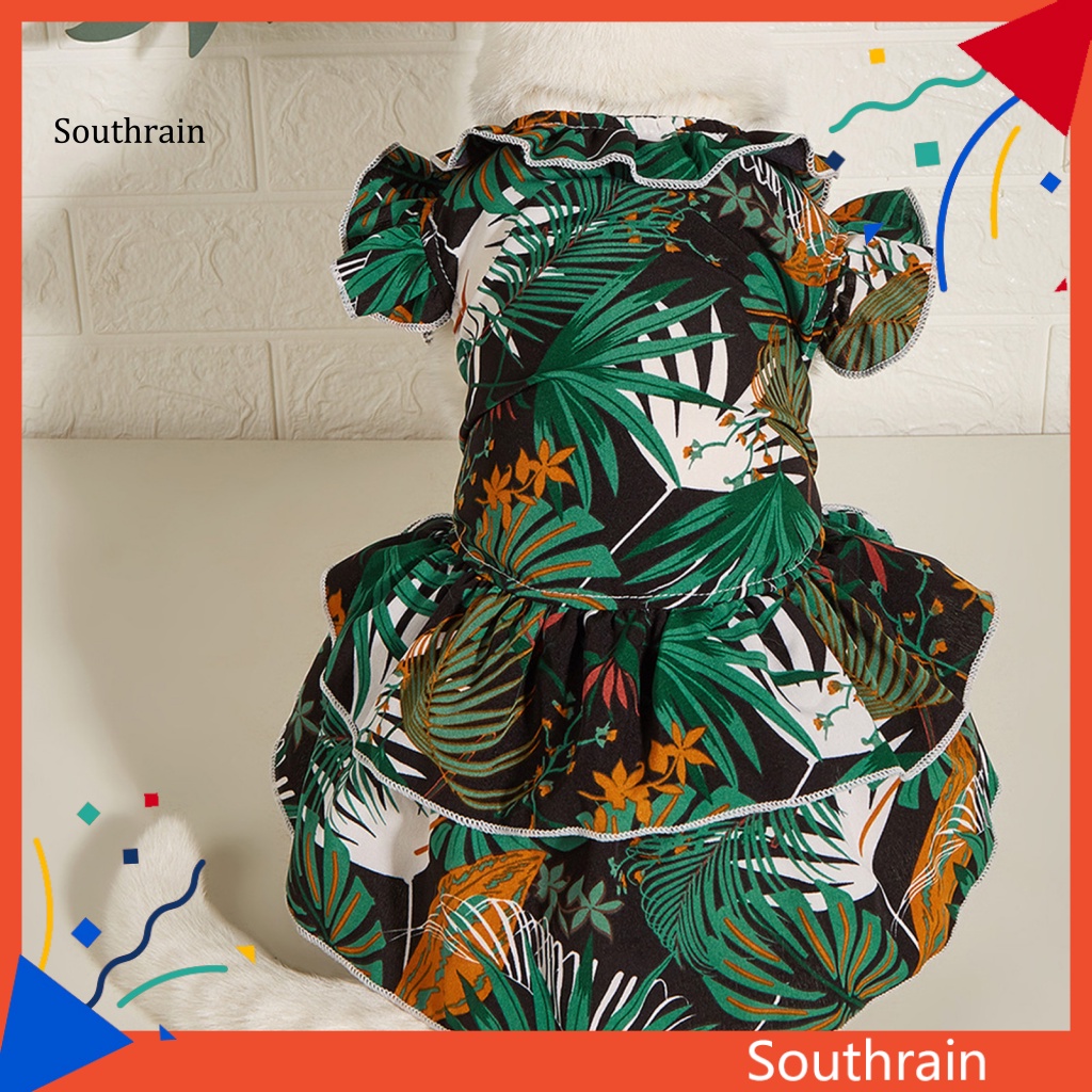 Đầm Hóa Trang Công Chúa Mùa Hè Xếp Ly Viền Nhấn In Họa Tiết Lá Cọ Có Khóa Bấm Cho Cún Cưng