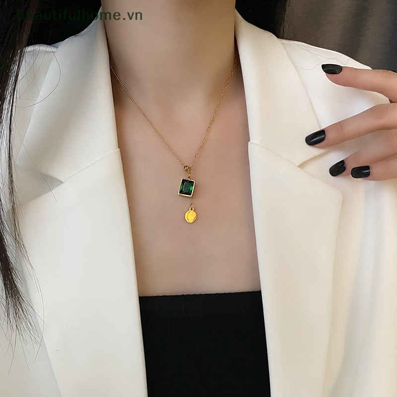 Vòng cổ Mặt Đá Xanh Lá Bằng Thép Không Gỉ Phong Cách Hip Hop Thời Trang Cho Nữ