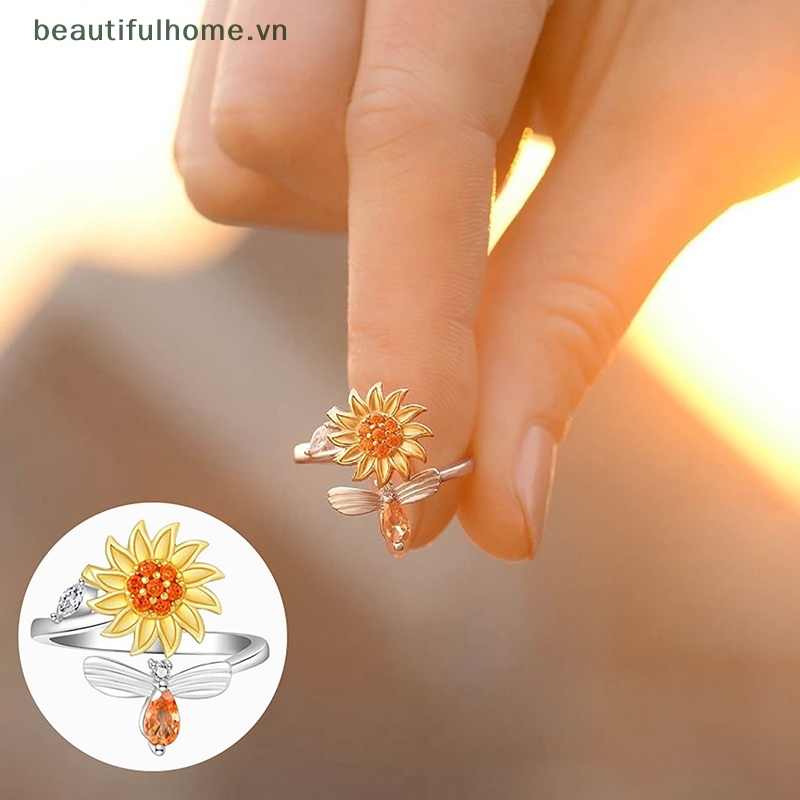 Nhẫn Mở Hình Hoa Hướng Dương / Ong Bằng Đồng Zircon Xoay Được Giúp Giảm Căng Thẳng Điều Chỉnh Được Thời Trang Cho Nữ [beauty]