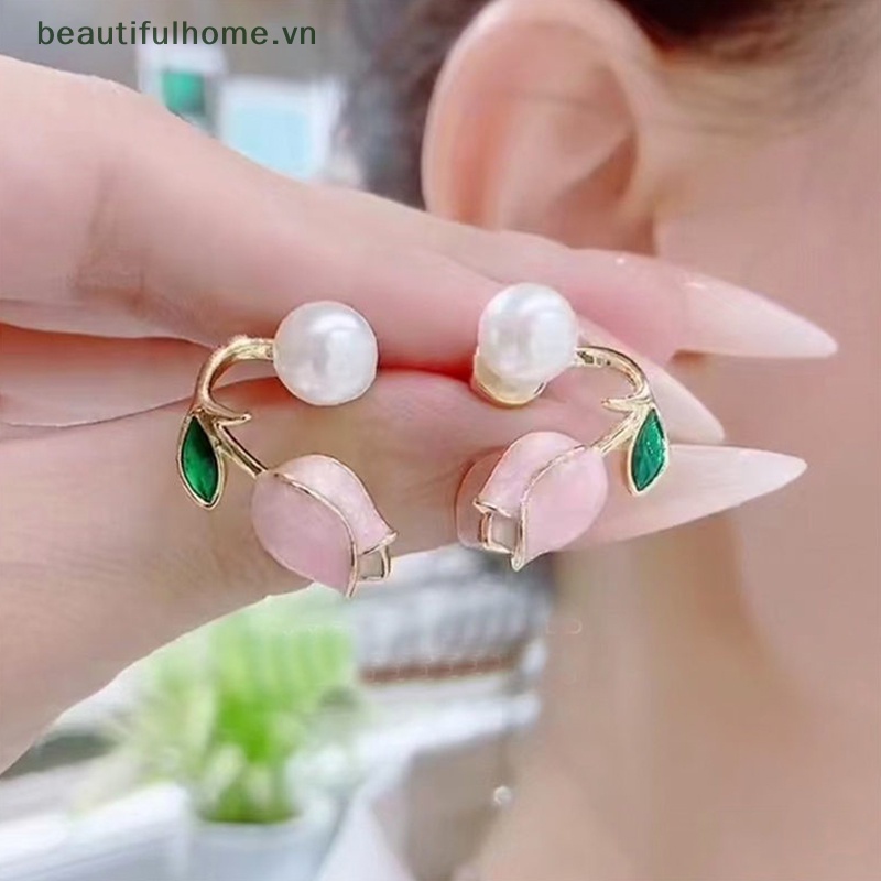 [beautifulhome] Bông Tai Hoa Tulip Đính Ngọc Trai Nhân Tạo Hai Chiều Để Mặc Hàng Ngày Cho Nữ [beauty]