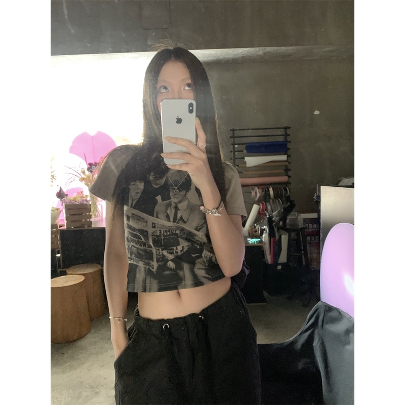 Áo Thun Ngắn Tay Cổ Tròn Dáng Ôm In Họa Tiết Phong Cách Retro Thời Trang Mùa Hè Dành Cho Nữ