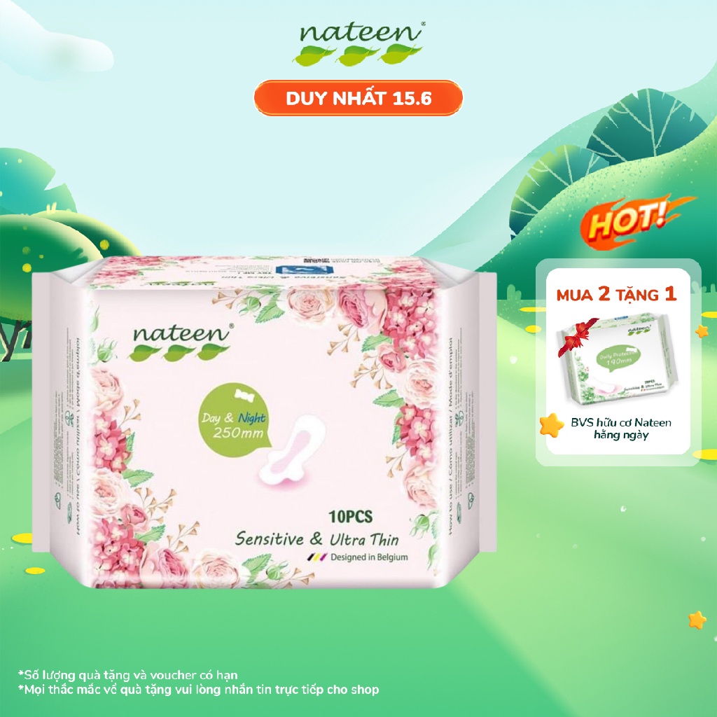 Băng Vệ Sinh Hữu Cơ NATEEN Có Cánh Mềm Mỏng Tiện Lợi Dễ Chịu, Thấm Hút Nhanh An Toàn Cho Da Bịch 10 Miếng