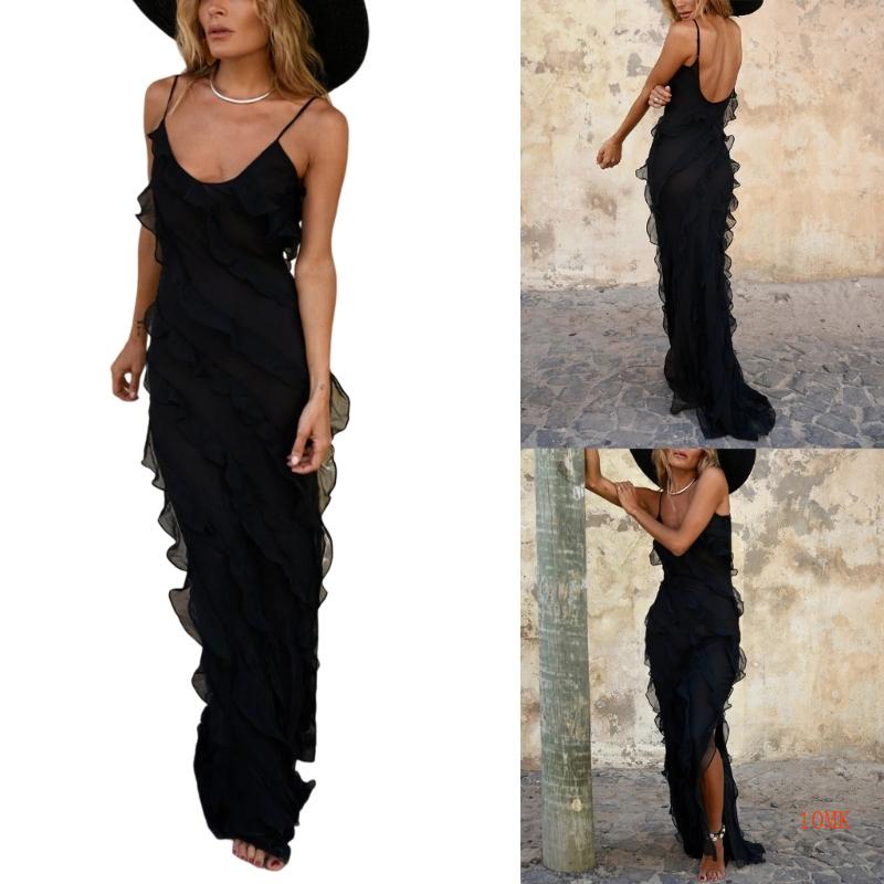 Xiangbao Đầm Hai Dây Tua Rua Hở Lưng Màu Trơn Quyến Rũ