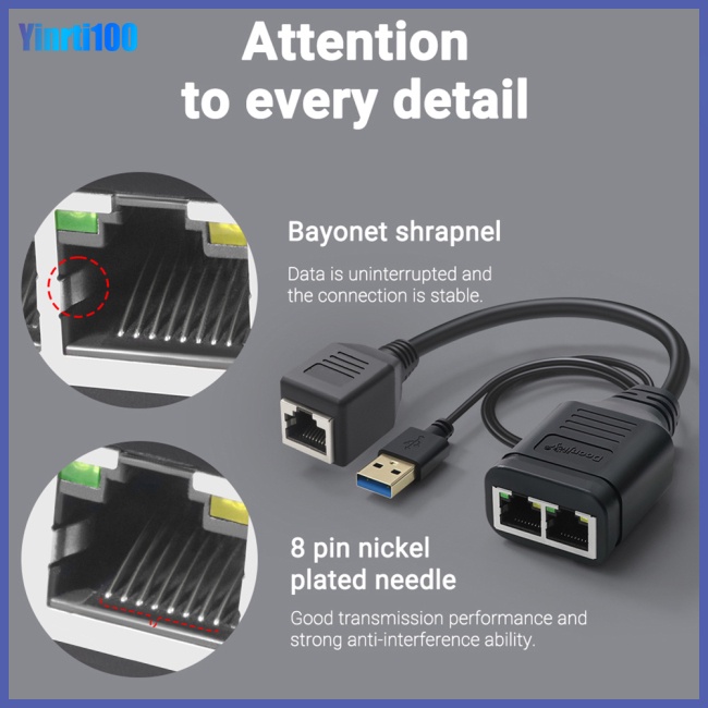 Bộ Chia Mạng Nối Dài RJ45 1 Female Sang 2 Female Với Cáp Sạc Usb