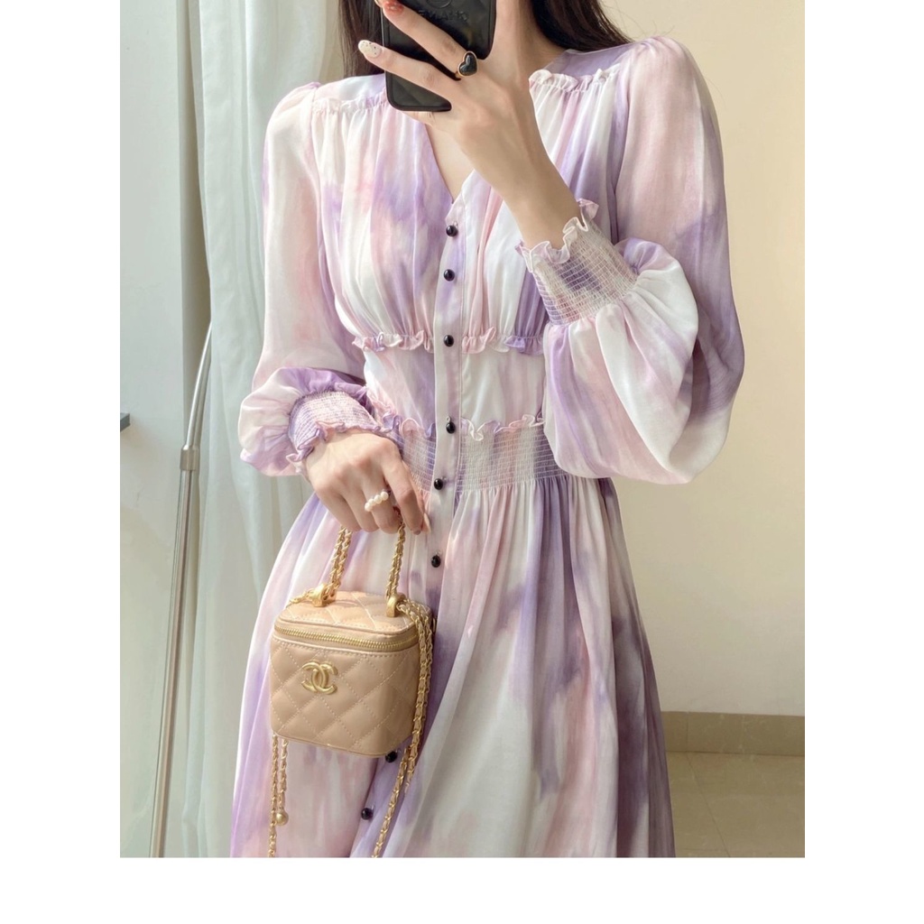Đầm Chiffon Dài Tay Màu Nhuộm Ôm Eo Thời Trang Mùa Xuân Pháp Cho Nữ