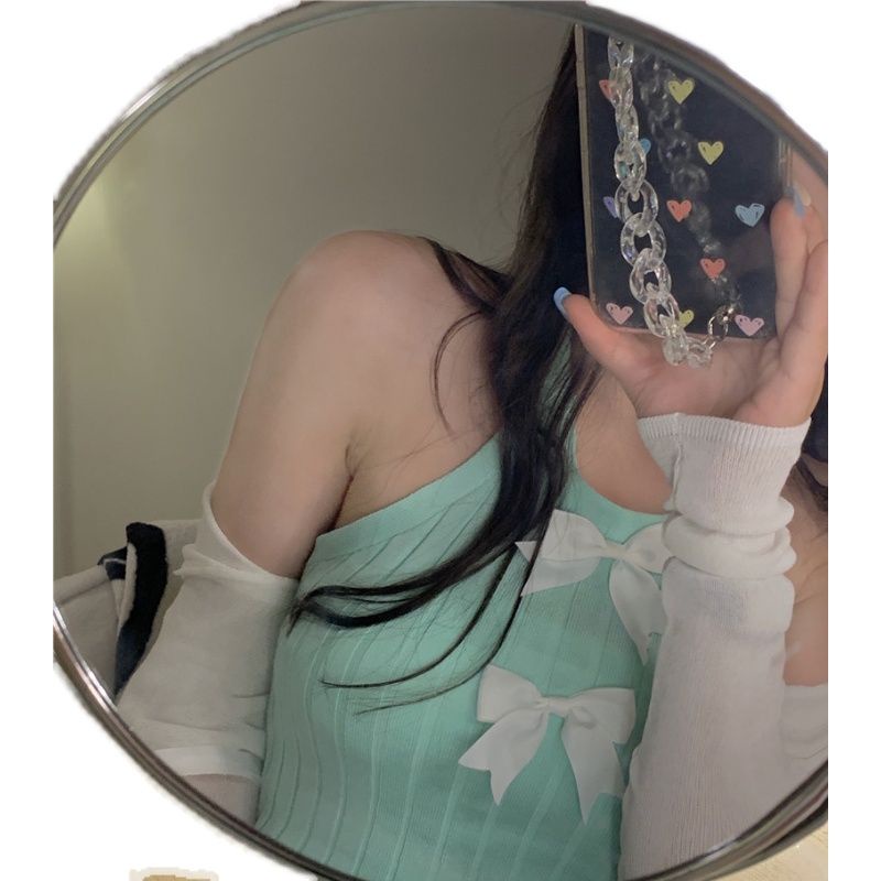 Áo Hai Dây Dệt Kim Ngắn Thắt Nơ Màu Trơn Thời Trang Mùa Hè Hàng Mới Dành Cho Bạn Nữ Mặc Ngoài Trời