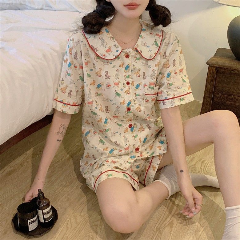 Bộ Đồ Ngủ Tay Ngắn Chất Cotton In Họa Tiết Hoạt Hình Chú Chó Dễ Thương Thời Trang Mùa Hè Cho Nữ