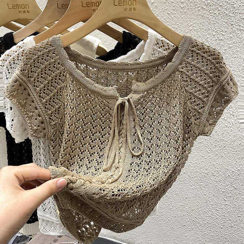 Áo Thun Dệt Kim Tay Ngắn Cổ Phẳng Kiểu Pháp Xinh Xắn