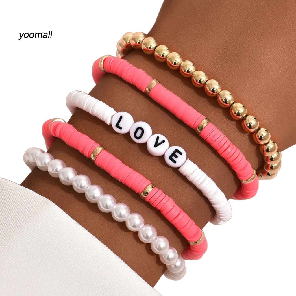 Set 5 Vòng Tay Hạt Đất Sét Polymer Nhiều Màu Sắc In Chữ Love Phong Cách Bohemian