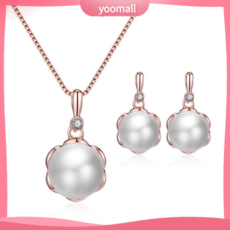 Bộ Vòng cổ + Bông Tai Đính Ngọc Trai &amp; Kim Cương Giả Cho Cô Dâu