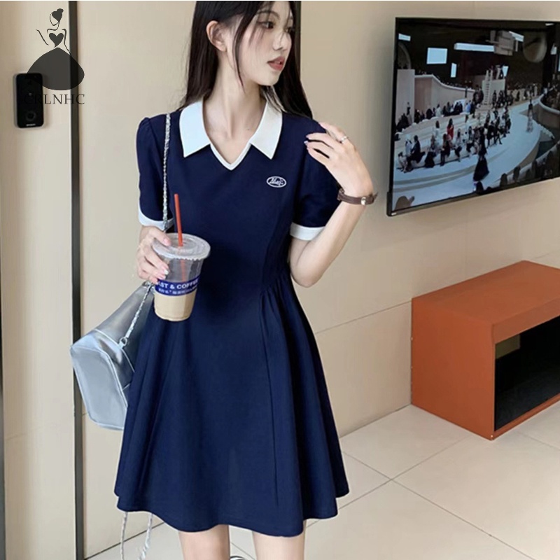 Đầm Ngắn Tay Cổ Bẻ Màu Tương Phản Thời Trang Mùa Hè Cho Nữ
