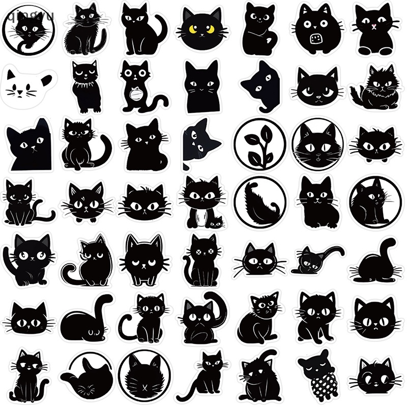 Bộ 50 Miếng Dán Họa Tiết Mèo Đen Hoạt Hình Dễ Thương Trang Trí Vali Laptop