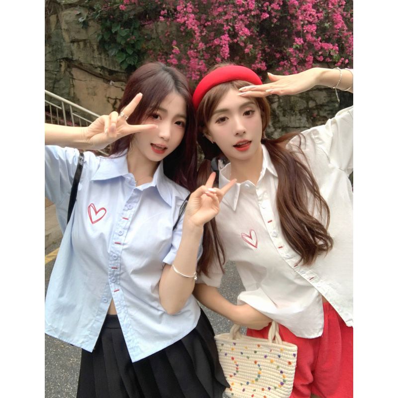 Áo Sơ Mi Tay Ngắn Cổ Polo Thêu Hình Trái Tim Thời Trang Mùa Hè Hàn Quốc Mới Dành Cho Bạn
