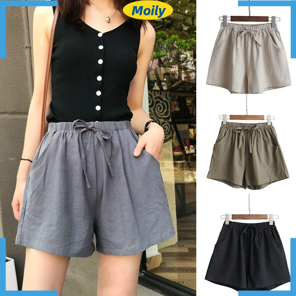 MOILYVN Quần Đùi Lưng Cao Màu Trơn Thời Trang Cho Nữ