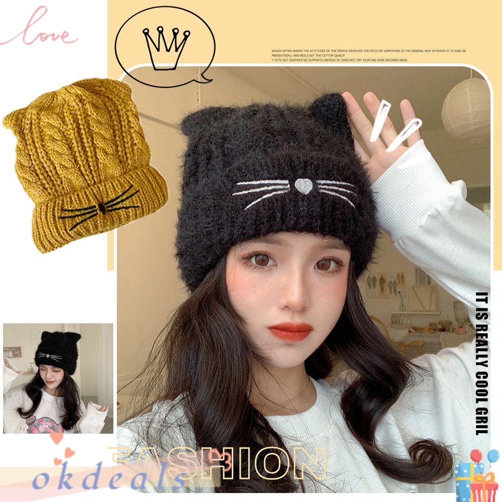 OKDEALS Mũ Tai Mèo Thêu Họa Tiết Co Giãn Dày Dặn Ấm Áp Hợp Thời Trang