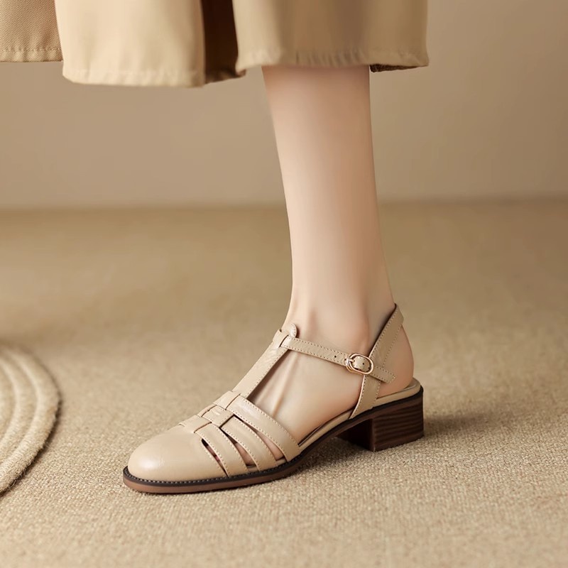 Duoya Tóc Thẳng ~ [Hàng Có Sẵn] Giày Sandal Gót Dày Bằng Da Mềm Hở Ngón Phong Cách Roman Cho Nữ Miễn Phí Vận Chuyển