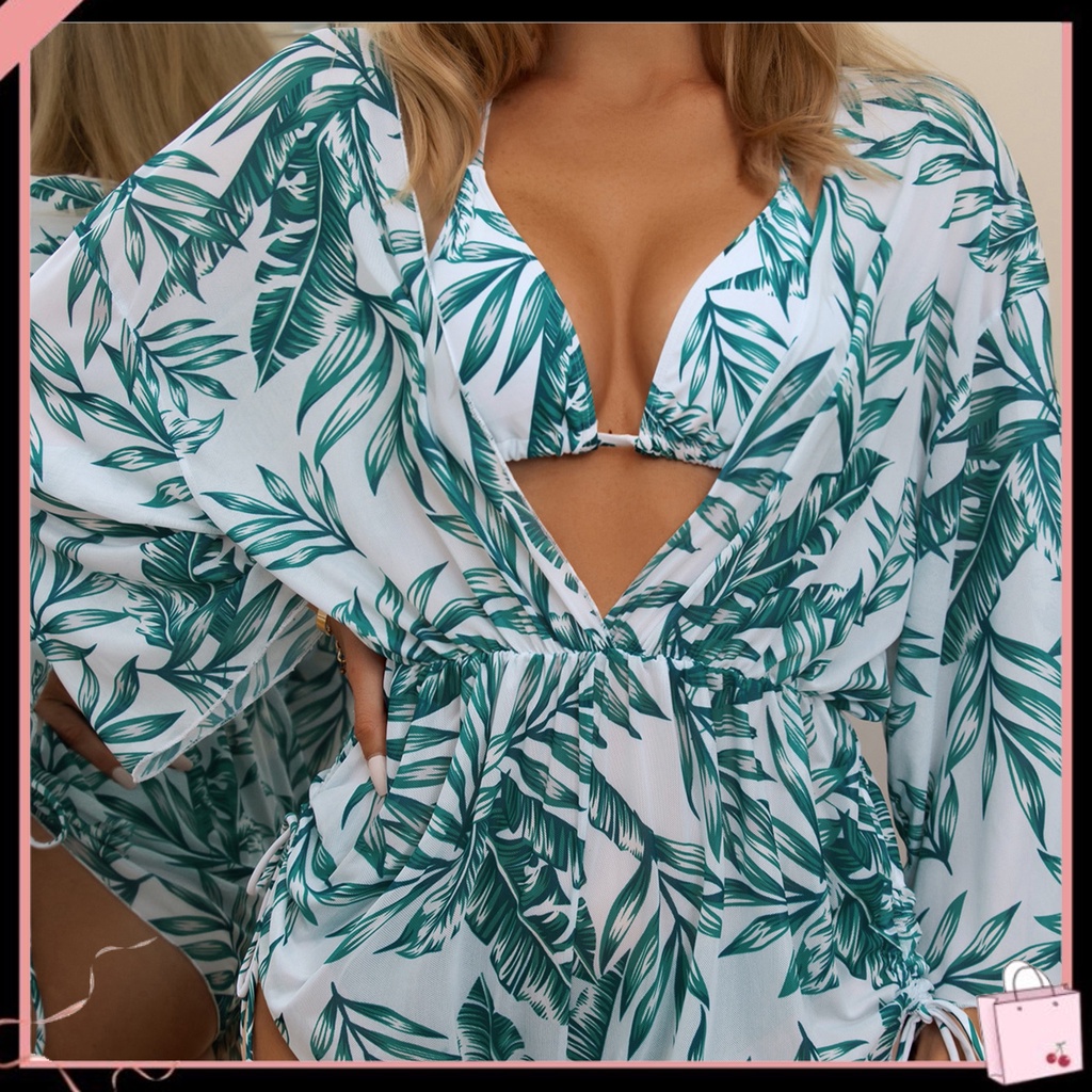 Bộ Đồ Bơi 3 Mảnh Gồm Áo Dài Tay Cổ Yếm Và Quần Lưng Thun In Họa Tiết Lá Dành Cho Nữ