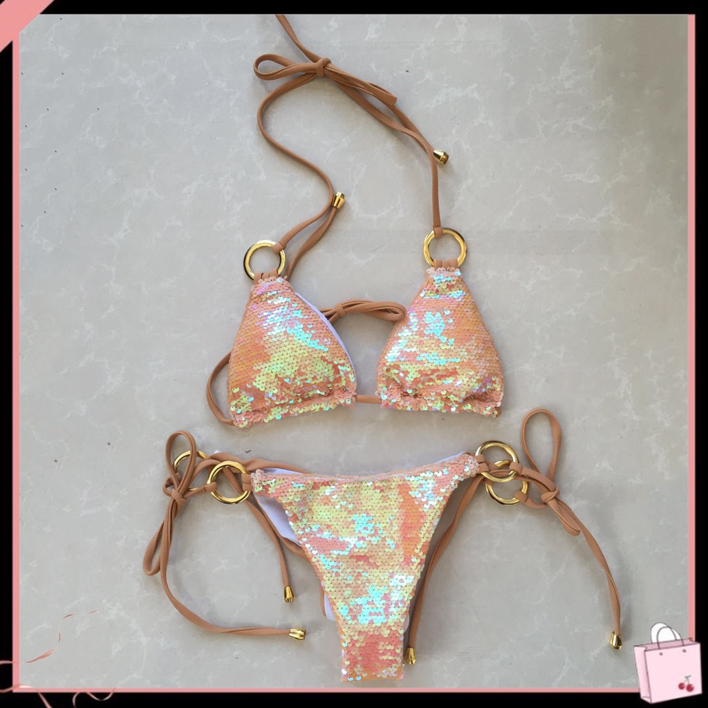 Bộ Bikini 2 Mảnh Hở Lưng Có Vòng Nhẫn Đính Kim Sa Lấp Lánh Quyến Rũ Cho Nữ