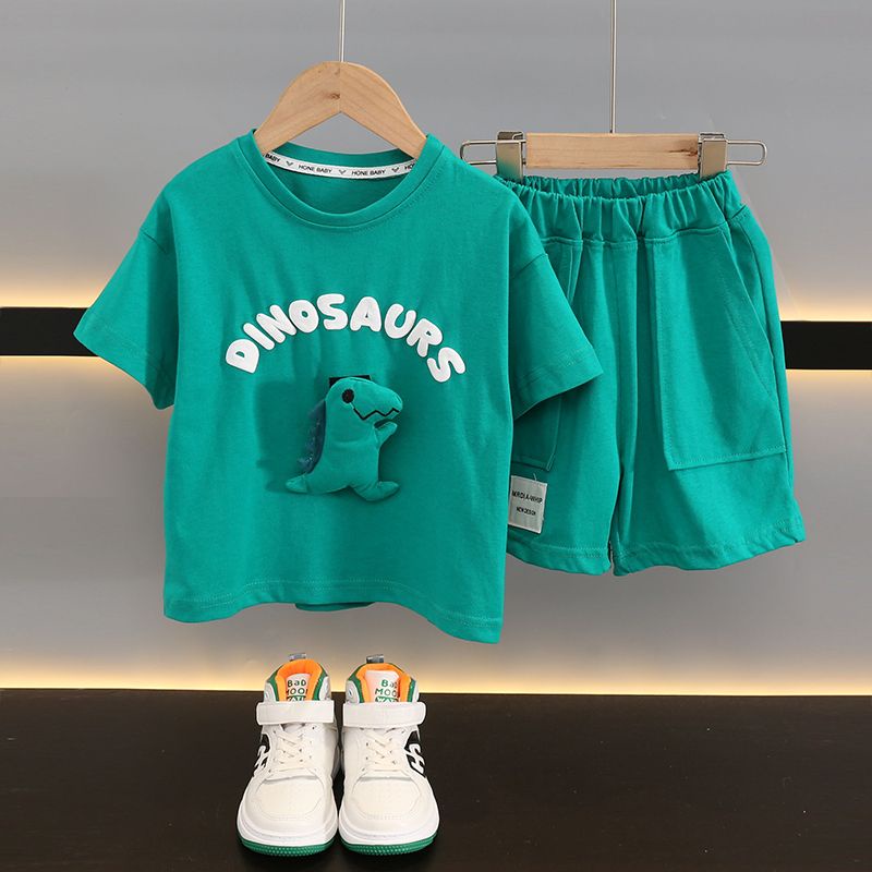 Bộ Áo Thun Cotton Tay Ngắn In Hình Khủng Long + Quần Short Thời Trang Mùa Hè 2023 Mới Cho Bé Trai